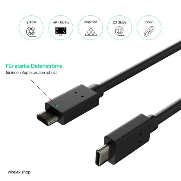 USB-C Kabel 3.2 Gen 2x2 Datenkabel Ladekabel USB Typ C Stecker auf Typ C Stecker 20 Gbit/s 60W Schwarz 0,25m