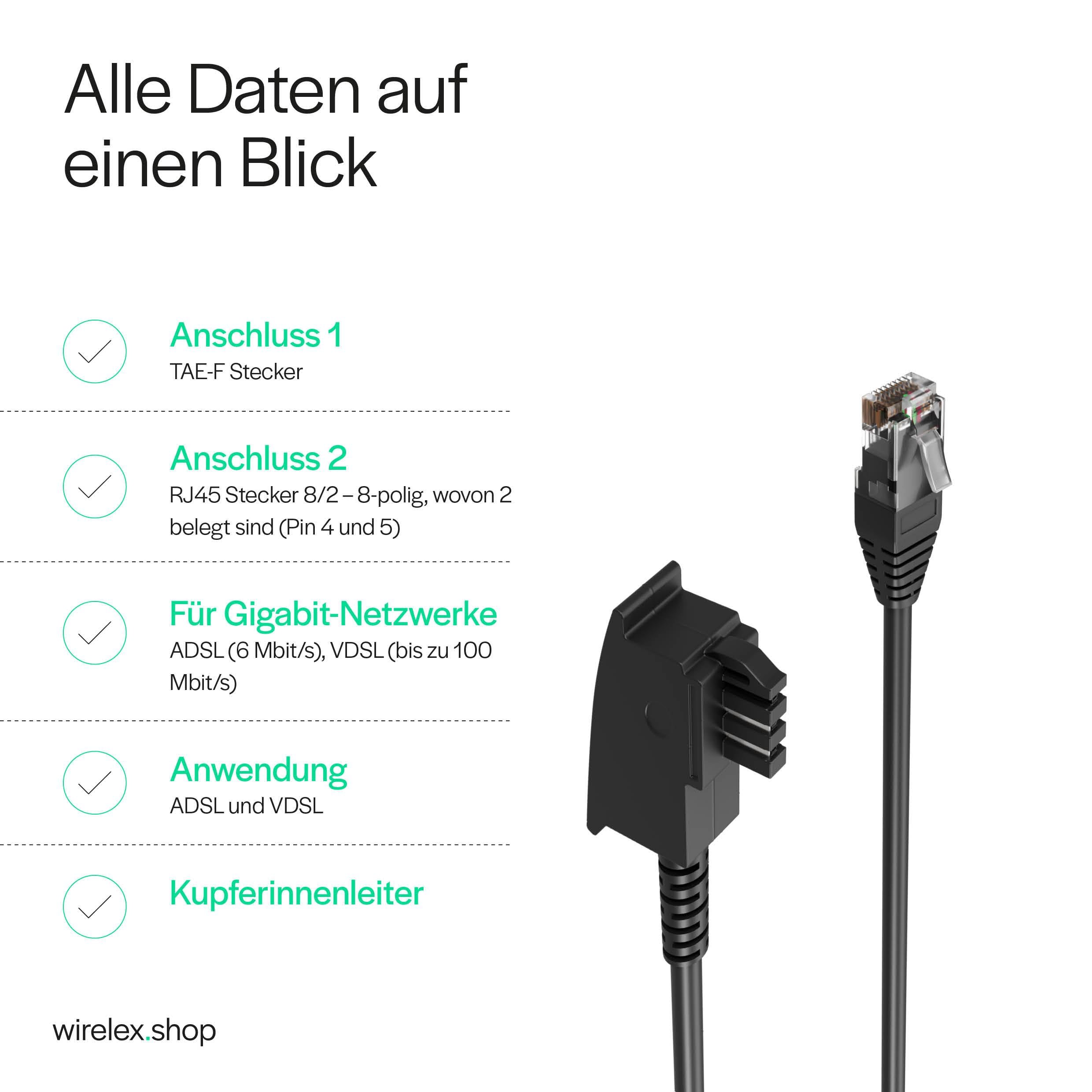 TAE-F Stecker auf RJ45 Stecker, VDSL Routerkabel, schwarz, 6,0m-3