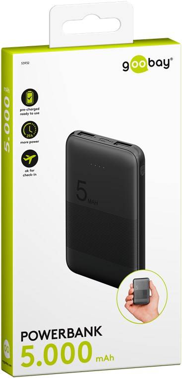 Goobay 53932 Powerbank mit 5000 mAh, 2x USB-A Anschlüsse, lädt 2x Geräte, LED-Statusanzeige, kompaktes Design, Schwarz-5
