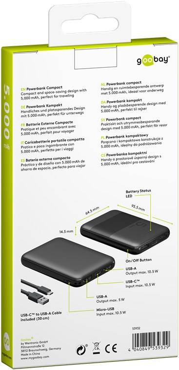 Goobay 53932 Powerbank mit 5000 mAh, 2x USB-A Anschlüsse, lädt 2x Geräte, LED-Statusanzeige, kompaktes Design, Schwarz-6
