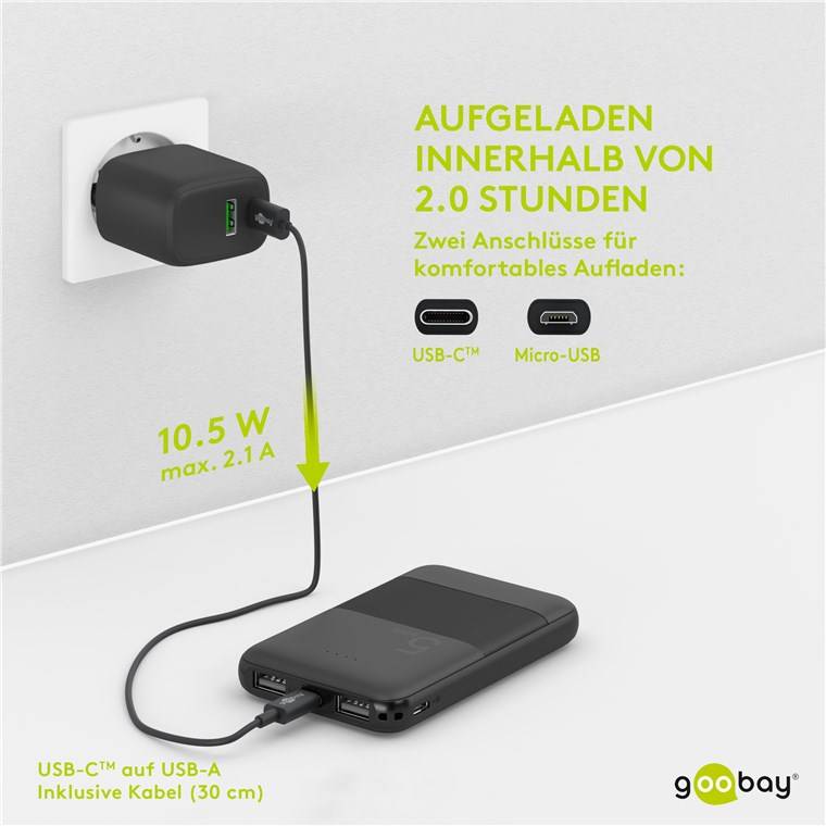 Goobay 53932 Powerbank mit 5000 mAh, 2x USB-A Anschlüsse, lädt 2x Geräte, LED-Statusanzeige, kompaktes Design, Schwarz-2