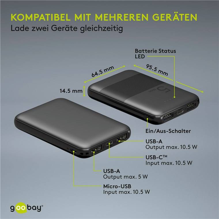 Goobay 53932 Powerbank mit 5000 mAh, 2x USB-A Anschlüsse, lädt 2x Geräte, LED-Statusanzeige, kompaktes Design, Schwarz-3