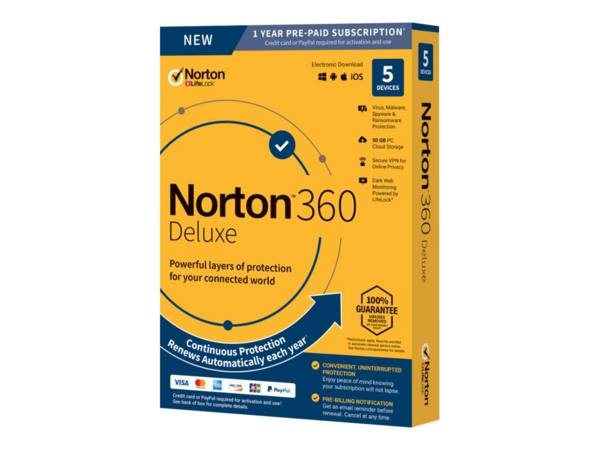 SYMANTEC - Norton 360 Deluxe - Box-Pack (1 Jahr) - 5 Peripheriegeräte, 50 GB Onlinespeicher