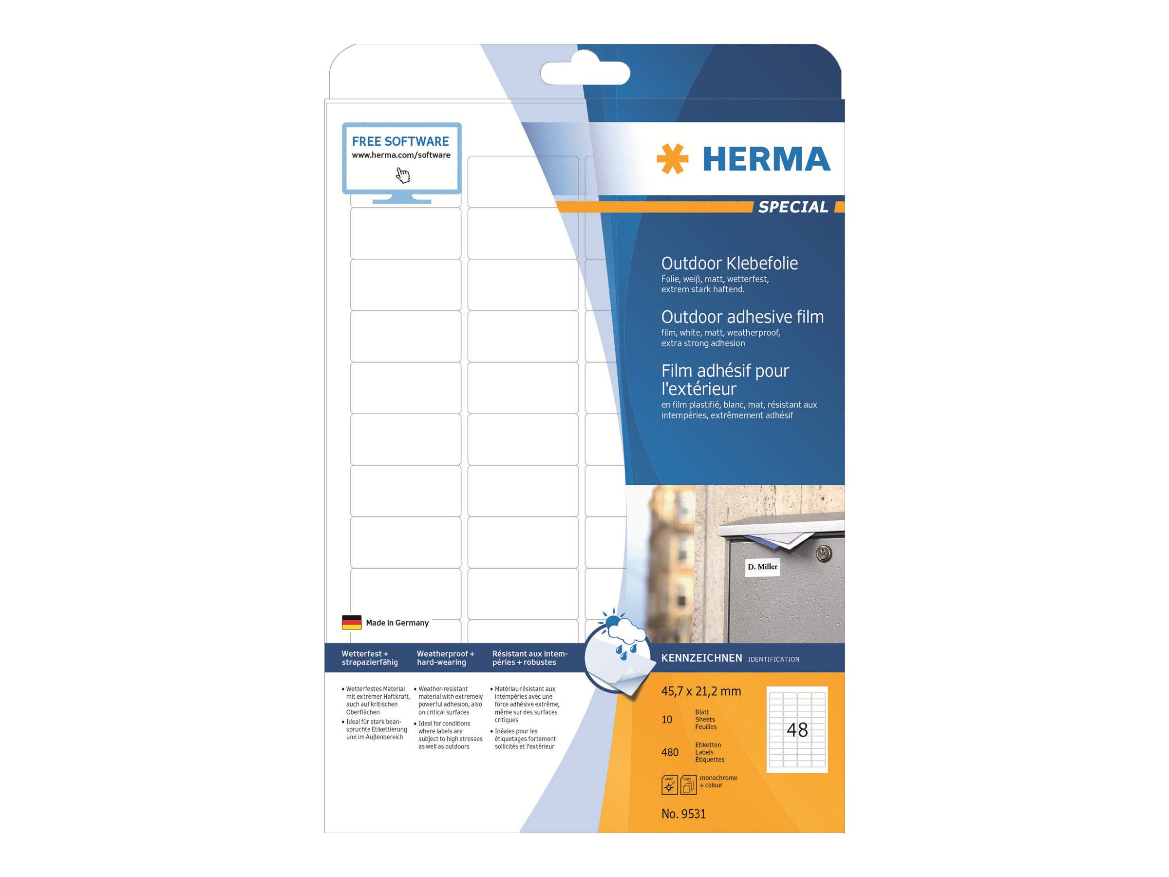 HERMA Special - Polyethylen (PE) - matt - selbstklebend - weiß - 45.7 x 21.2 mm 480 Etikett(en) (10 Bogen x 48)-0