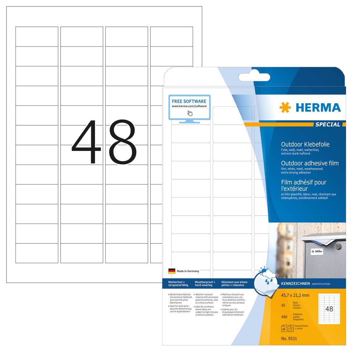 HERMA Special - Polyethylen (PE) - matt - selbstklebend - weiß - 45.7 x 21.2 mm 480 Etikett(en) (10 Bogen x 48)-7