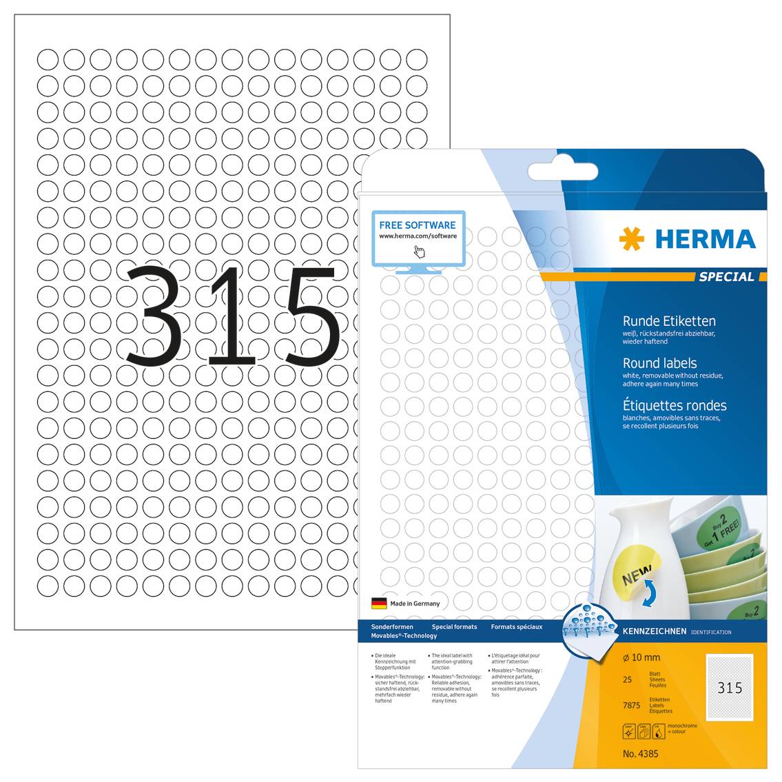 HERMA Special - Papier - matt - selbstklebend, entfernbarer Klebstoff - weiß - 10 mm rund 7875 Etikett(en) (25 Bogen x 3-7