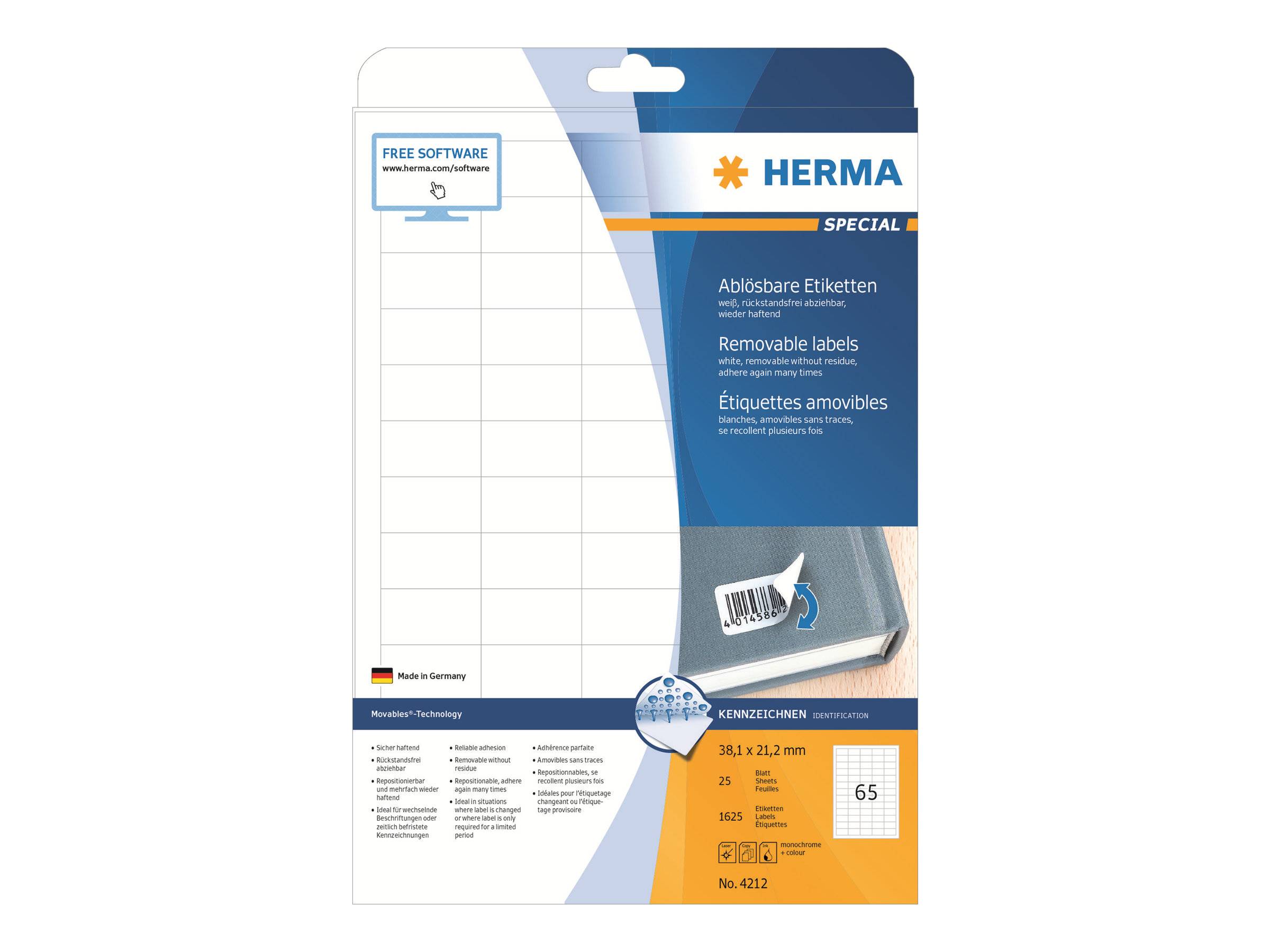 HERMA Special - Papier - matt - selbstklebend, entfernbarer Klebstoff - weiß - 38.1 x 21.2 mm 1625 Etikett(en) (25 Bogen-0