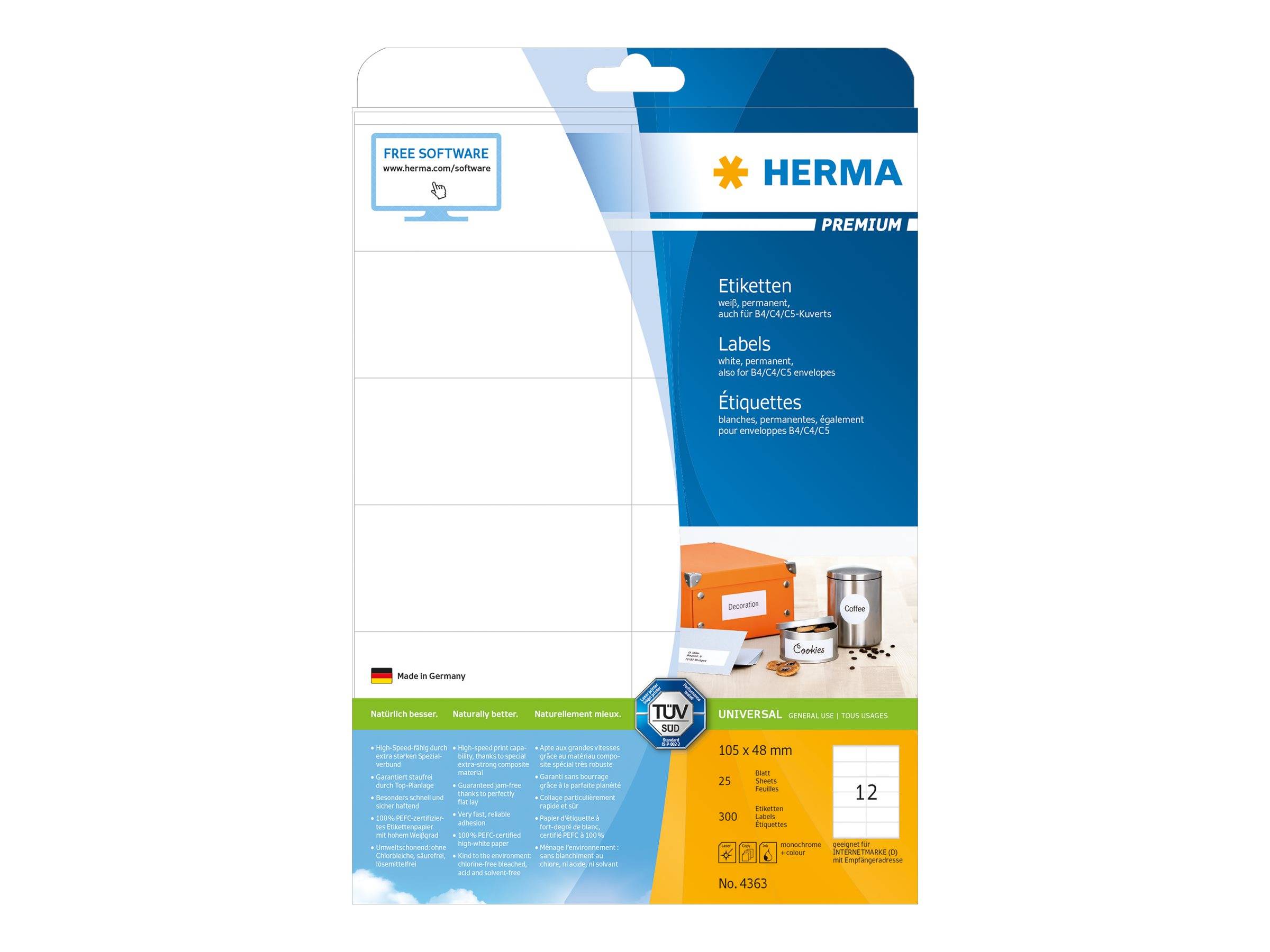 HERMA Premium - Papier - matt - permanent selbstklebend - weiß - 105 x 48 mm 300 Etikett(en) (25 Bogen x 12)