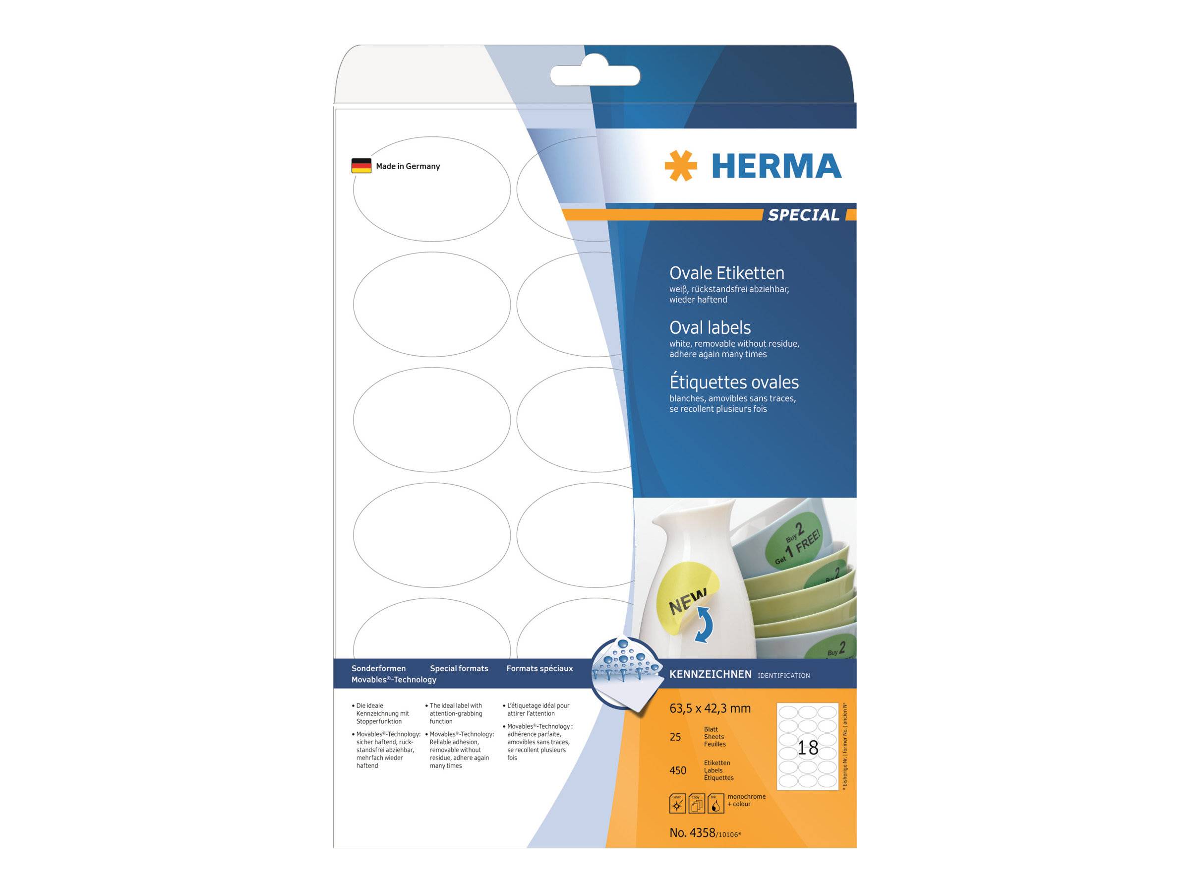 HERMA Special - Papier - matt - selbstklebend, entfernbarer Klebstoff - weiß - 63,5 x 42,3 mm (oval)-0
