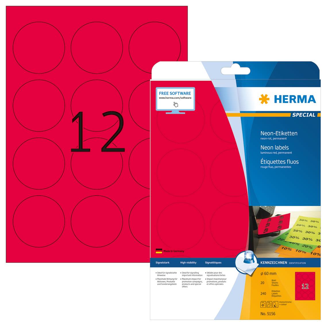 HERMA Special - Papier - matt - permanent selbstklebend - Luminous Red - 60 mm rund 240 Etikett(en) (20 Bogen x 12)-7