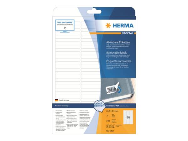 HERMA Special - Papier - matt - selbstklebend, entfernbarer Klebstoff - weiß - 63.5 x 8.5 mm 2400 Etikett(en) (25 Bogen