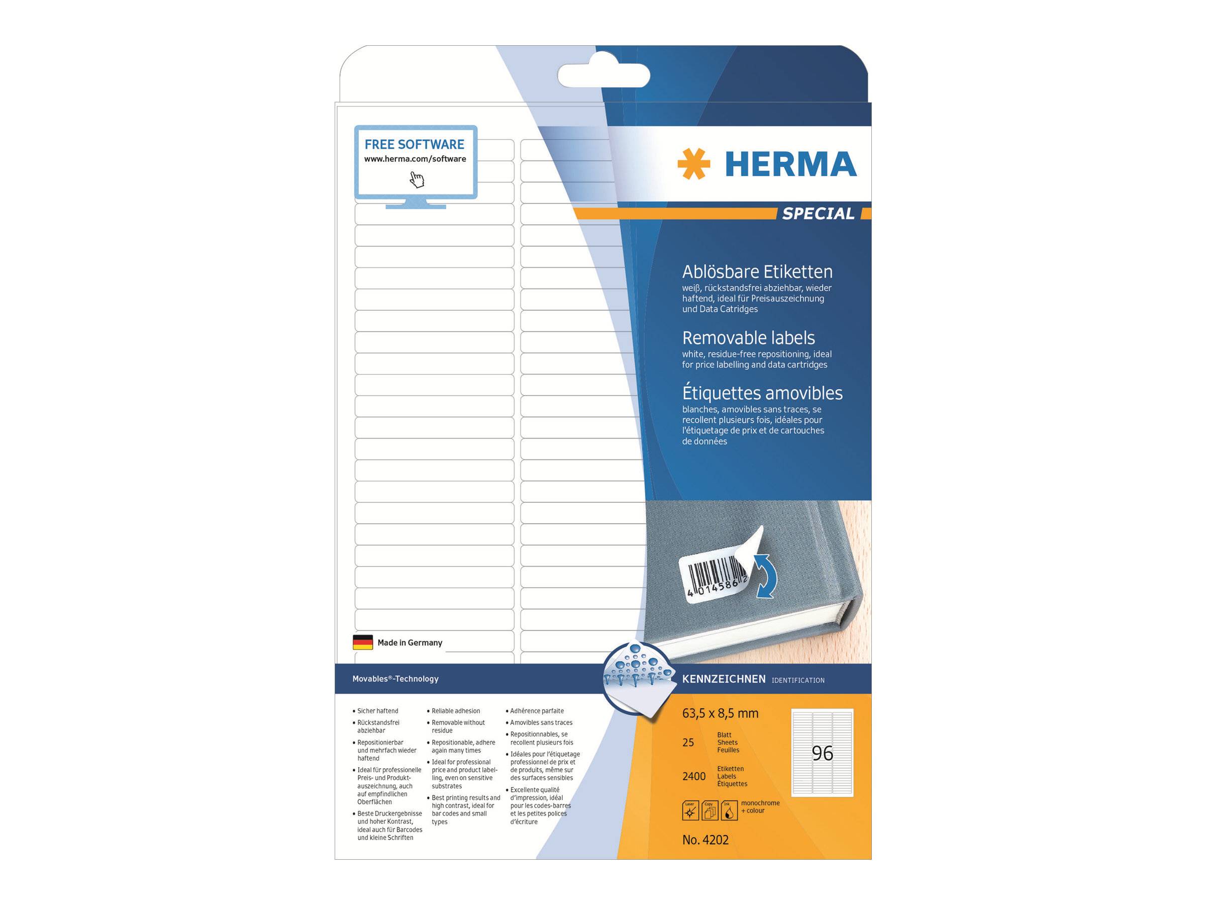HERMA Special - Papier - matt - selbstklebend, entfernbarer Klebstoff - weiß - 63.5 x 8.5 mm 2400 Etikett(en) (25 Bogen-0