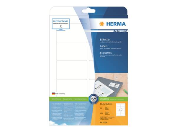 HERMA Premium - Papier - matt - permanent selbstklebend - weiß - 83.8 x 50.8 mm 250 Etikett(en) (25 Bogen x 10)
