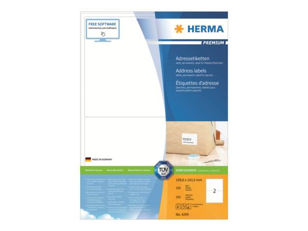 HERMA Premium - Papier - matt - permanent selbstklebend - weiß - 199.6 x 143.5 mm 200 Etikett(en) (100 Bogen x 2)