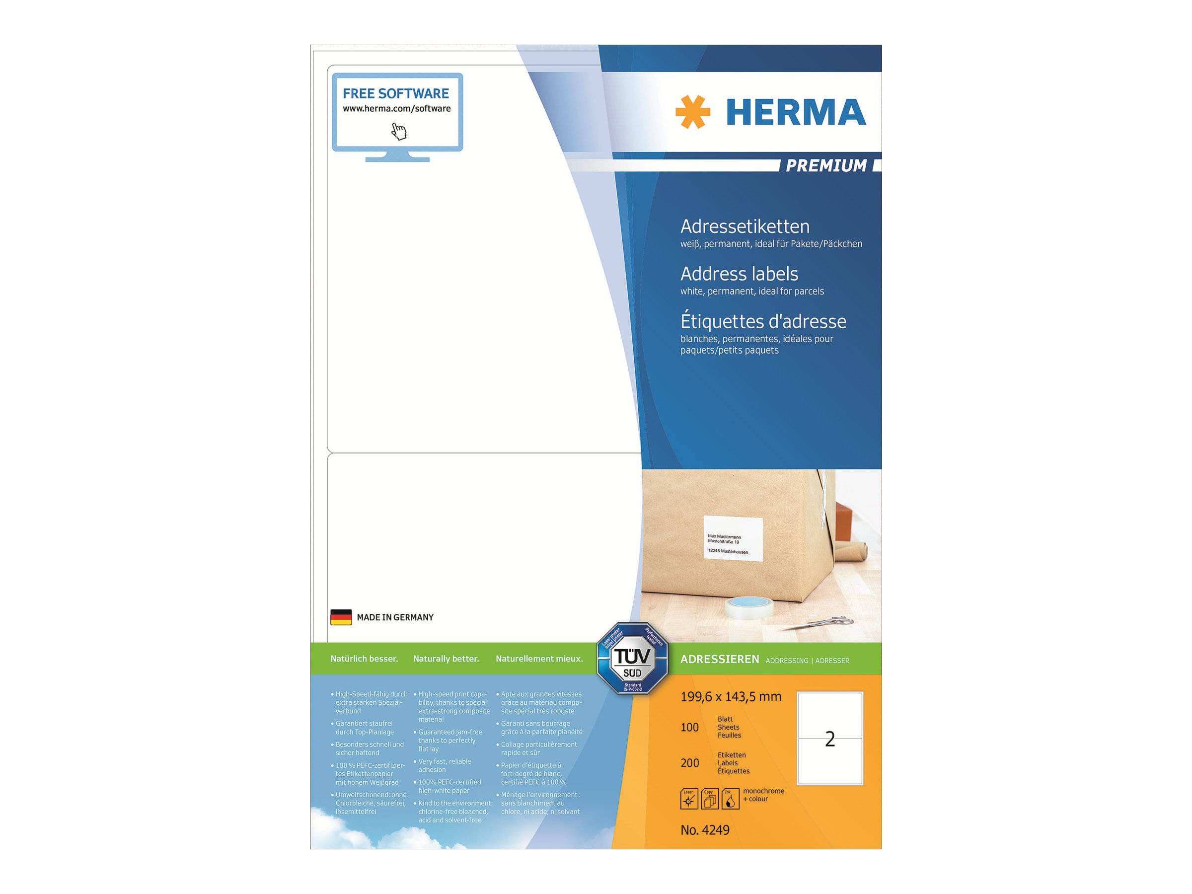 HERMA Premium - Papier - matt - permanent selbstklebend - weiß - 199.6 x 143.5 mm 200 Etikett(en) (100 Bogen x 2)-0
