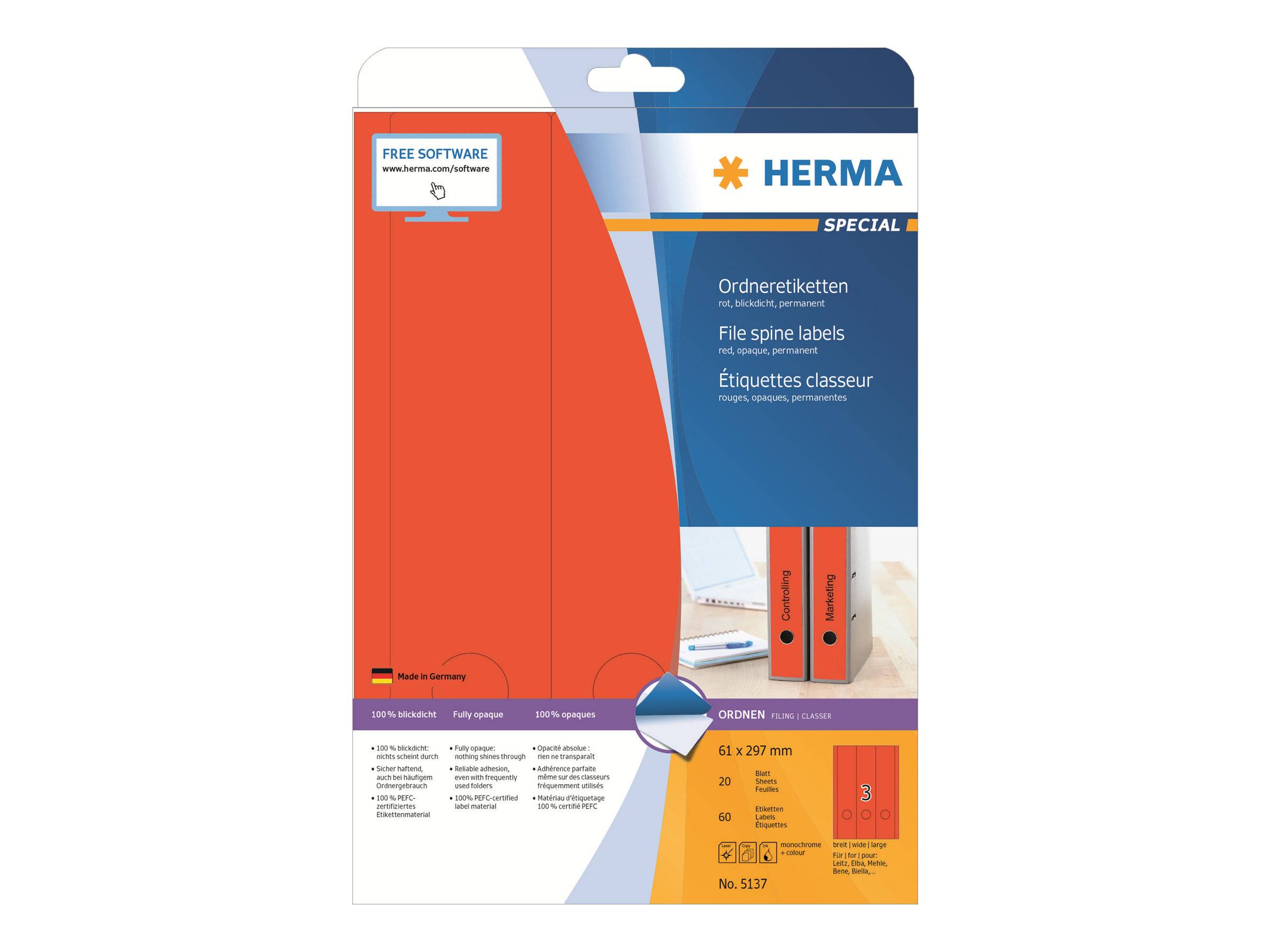 HERMA Special - Papier - matt - permanent selbstklebend - perforiert - Rot - 61 x 297 mm 60 Etikett(en) (20 Bogen x 3)-0
