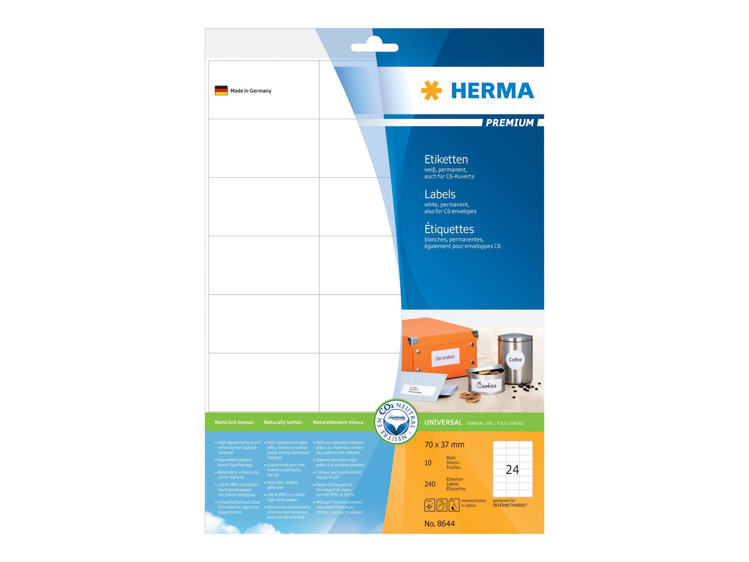 HERMA Premium - Papier - matt - permanent selbstklebend - weiß - 70 x 37 mm 240 Etikett(en) (10 Bogen x 24)-0