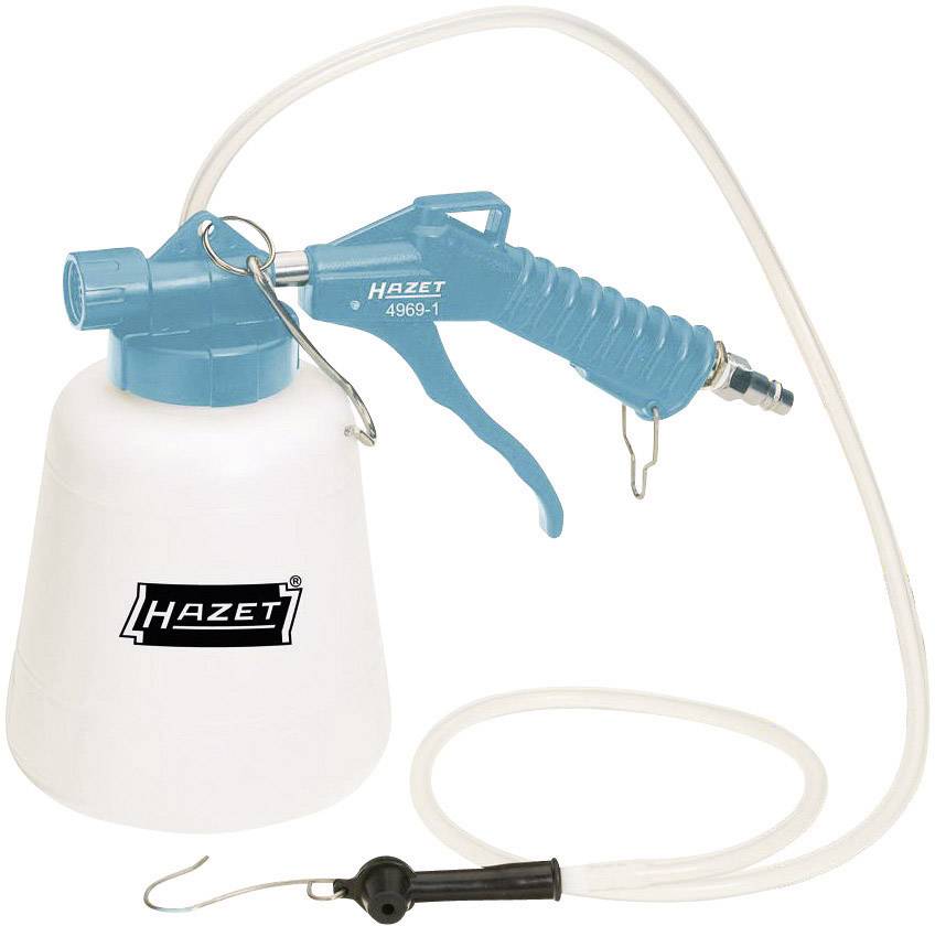 Sprühflasche mit blauem Handhebel und langem Schlauch, markiert mit 'HAZET'.