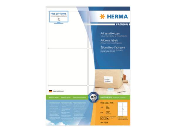 HERMA Premium - Papier - matt - permanent selbstklebend - weiß - 93.1 x 99.1 mm 600 Etikett(en) (100 Bogen x 6)