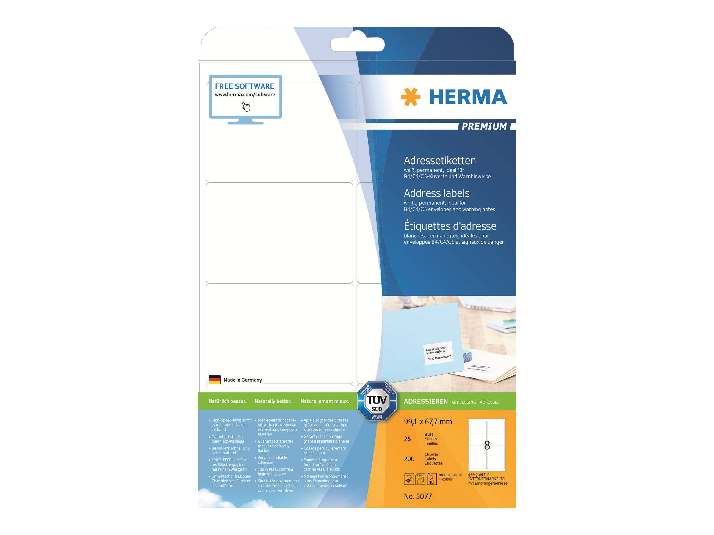 HERMA Premium - Papier - matt - permanent selbstklebend - weiß - 99.1 x 67.7 mm 200 Etikett(en) (25 Bogen x 8)-0