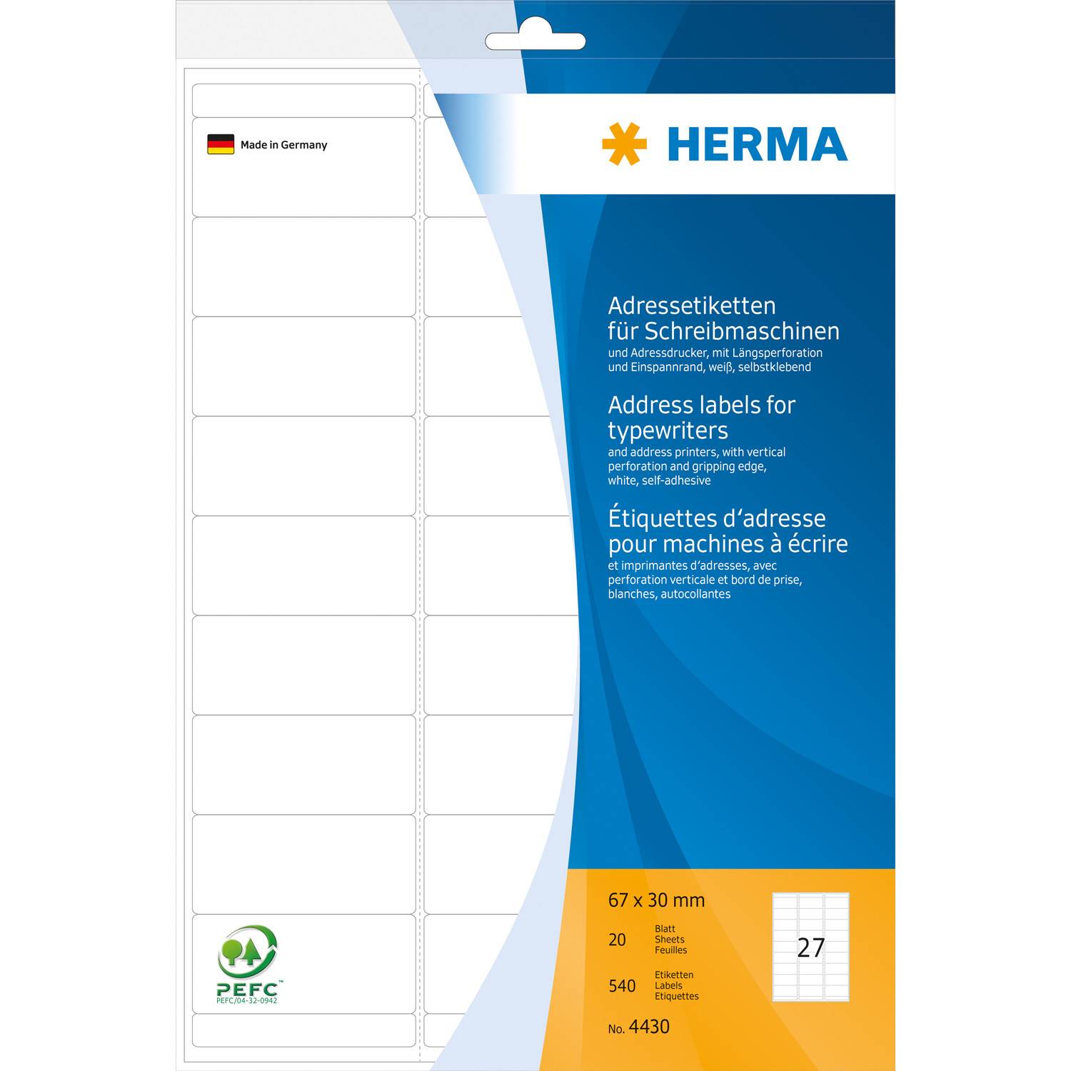 HERMA Address labels for typewriters - Weiß - 30 x 67 mm 540 Etikett(en) (20 Bogen x 27)-4