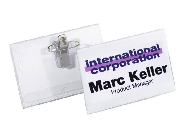 DURABLE - Namensschild - für 40 x 75 mm - Clip, Nadel - durchsichtig (Packung mit 50)