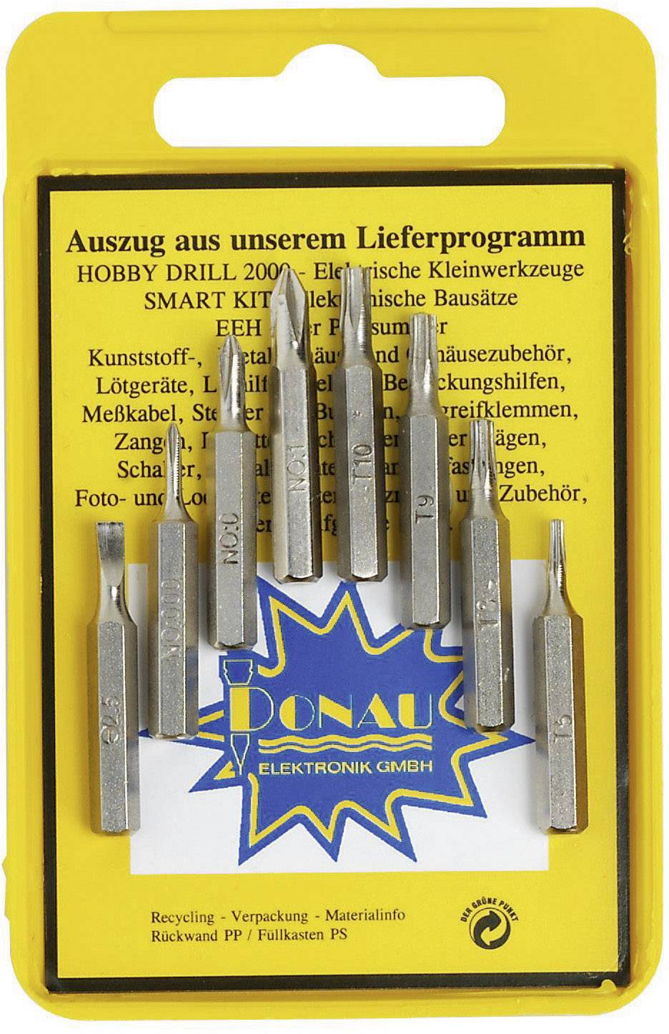 Eine Verpackung mit acht kleinen Metallwerkzeugen, geeignet für Elektronikarbeiten. Verpackung trägt Aufschrift 'Hobby Drill'.
