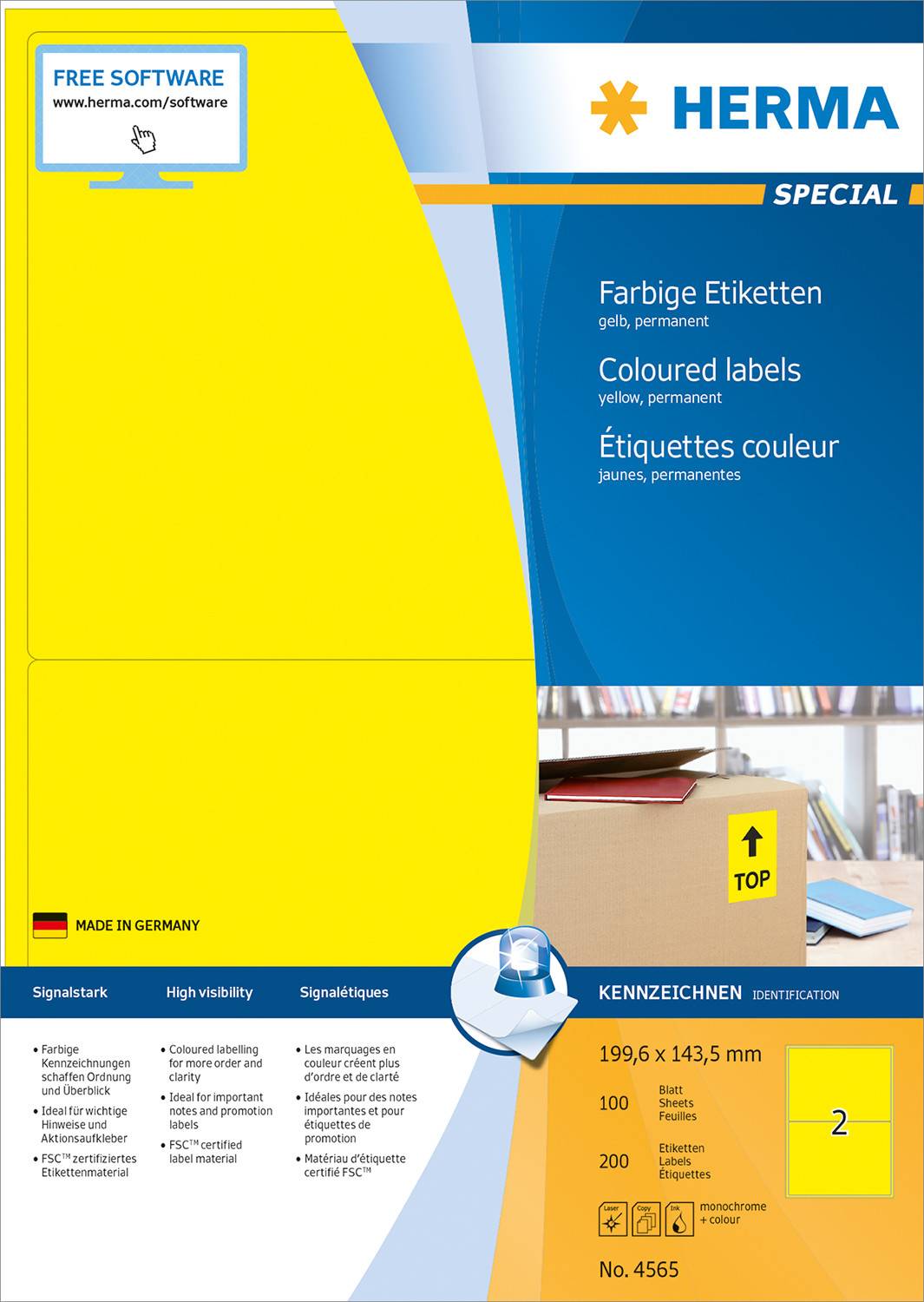 HERMA 4565, Gelb, Rechteck, A4, Universal, Matte, Laser/Inkjet-3