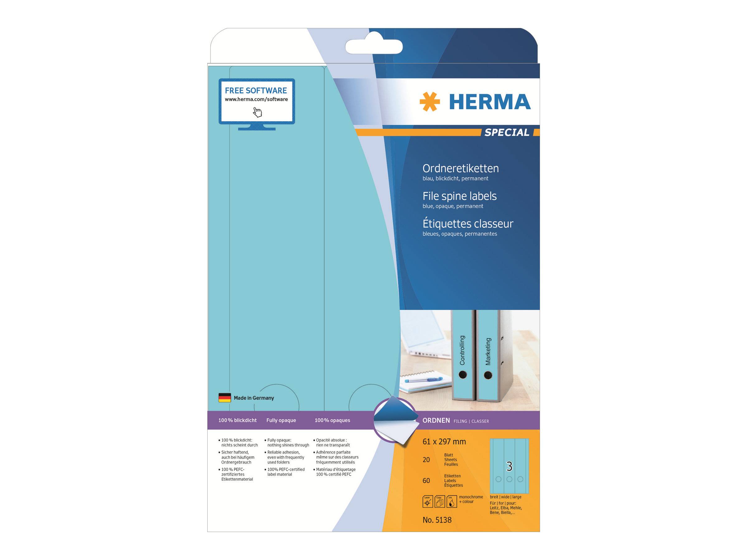 HERMA Special - Papier - matt - permanent selbstklebend - Blau - 61 x 297 mm 60 Etikett(en) (20 Bogen x 3)-0