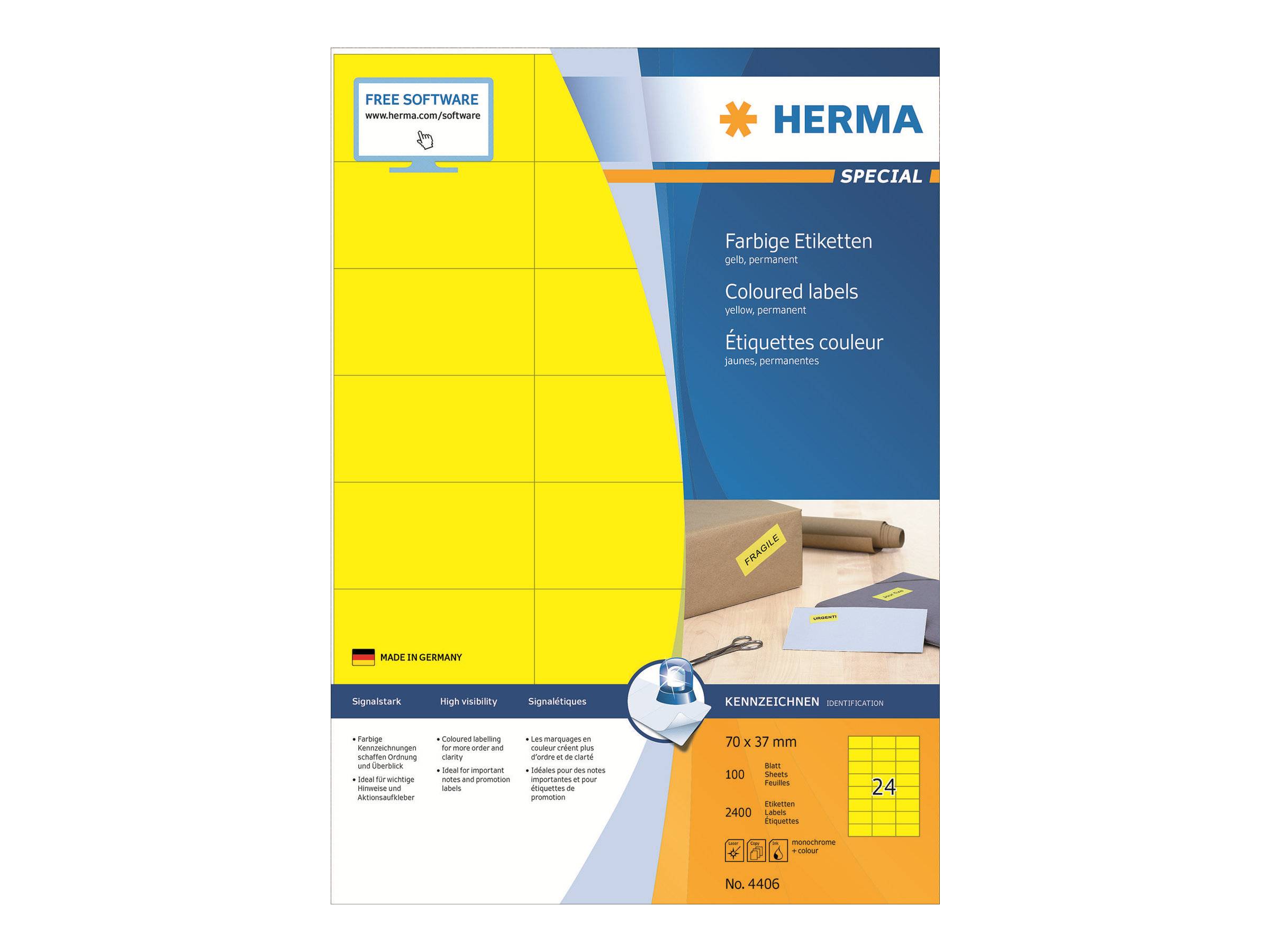 HERMA Special - Papier - matt - permanent selbstklebend - Gelb - 70 x 37 mm 2400 Etikett(en) (100 Bogen x 24)-0