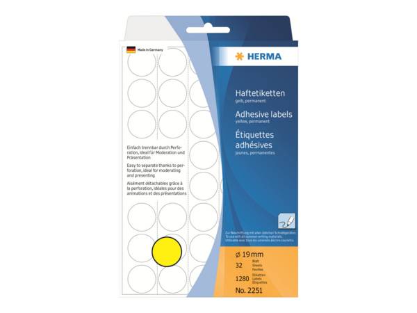 HERMA - Papier - matt - permanenter Klebstoff - Gelb - 19 mm rund 1280 Etikett(en) (32 Bogen x 40)