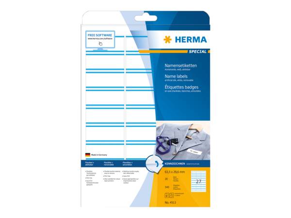HERMA Special Name labels - Acetatseide - selbstklebend, entfernbarer Klebstoff - weiße/blaue Streifen - 63.5 x 29.6 mm