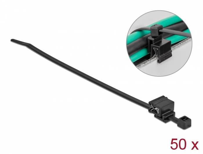 Delock Kabelbinder - mit Kanten-Befestigungsclip - 20 cm - Schwarz (Packung mit-1