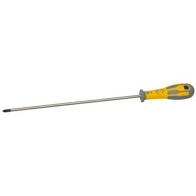 Gelber und grauer Schraubendreher mit langem Metallstab und Kreuzschlitzspitze, liegend.
