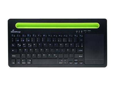 MEDIARANGE Tastatur kompakt mit Touchpad Telefonhalter kabellos Bluetooth 5.0 QWERTZ Deutsch/Österreichisch Schwarz/Grün-0