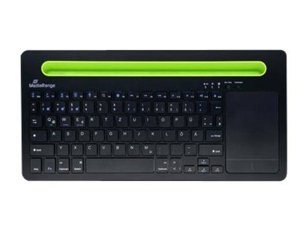 MEDIARANGE Tastatur kompakt mit Touchpad Telefonhalter kabellos Bluetooth 5.0 QWERTZ Deutsch/Österreichisch Schwarz/Grün