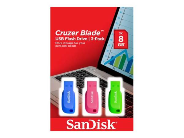 SanDisk Cruzer Blade - USB-Flash-Laufwerk - 32 GB - USB 2.0 - Blau, grün, pink (Packung mit 3)