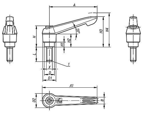 KLEMMHEBEL GR.3 M08X60, KUNSTSTOFF SCHWARZGRAU RAL7021, KOMP:STAHL-3