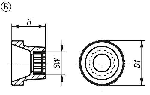 RÄNDELKNOPF FÜR SECHSKANTSCHRAUBEN D1=20 H=15, FORM:B POM, SCHWARZ, FÜR M05, SW=8-2