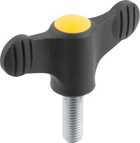 FLÜGELGRIFF D=M10X50 A=75, H=35,6, FORM:L MIT AUßENGEWINDE, THERMOPLAST SCHWARZGRAU RAL7021, KOMP:STAHL BLAU
