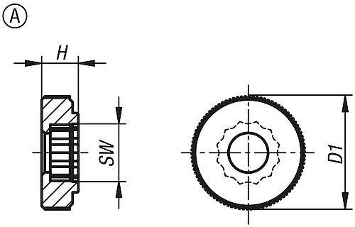 RÄNDELKNOPF FÜR SECHSKANTSCHRAUBEN D1=36 H=10, FORM:A POM, SCHWARZ, FÜR M08, SW=13-2