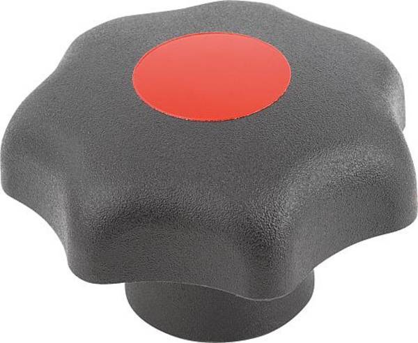 STERNGRIFF ÄHNLICH DIN6336 D=M05, D1=32, FORM:K, THERMOPLAST SCHWARZ, KOMP:STAHL BLAU-PASSIVIERT, DECKEL:ROT