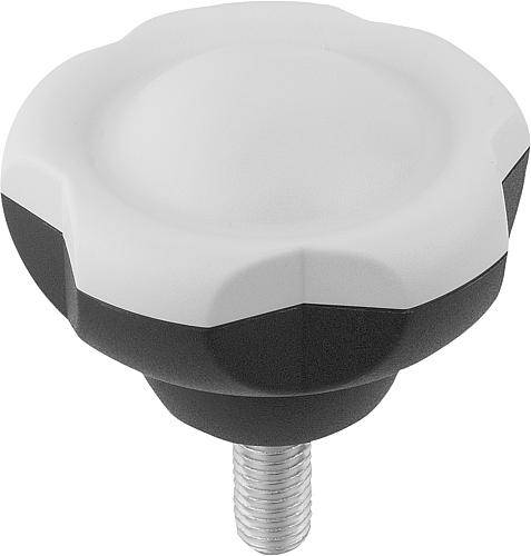 FÜNFSTERNGRIFF D1=50 D=M12X45 H=34,8, FORM:L, THERMOPLAST SCHWARZGRAU RAL7021, KOMP:STAHL, DECKEL:GRAU RAL7035-0