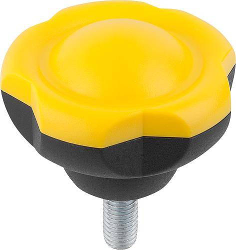 FÜNFSTERNGRIFF D1=50 D=M10X45 H=34,8, FORM:L, THERMOPLAST SCHWARZGRAU RAL7021, KOMP:STAHL, DECKEL:GELB RAL1021-0