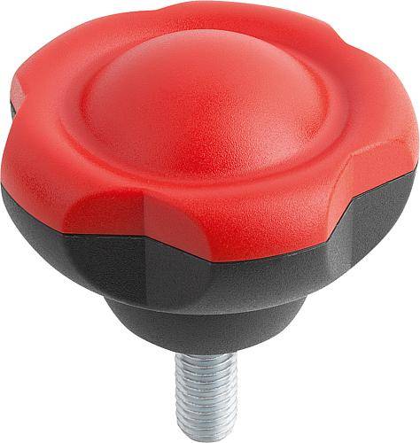FÜNFSTERNGRIFF D1=63 D=M10X35 H=44, FORM:L, THERMOPLAST SCHWARZGRAU RAL7021, KOMP:STAHL, DECKEL:ROT RAL3020-0