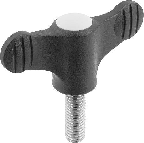FLÜGELGRIFF D=M04X15 A=38, H=18, FORM:L MIT AUßENGEWINDE, THERMOPLAST SCHWARZGRAU RAL7021, KOMP:EDELSTAHL