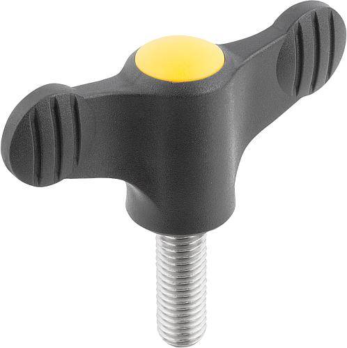 FLÜGELGRIFF D=M05X20 A=38, H=18, FORM:L MIT AUßENGEWINDE, THERMOPLAST SCHWARZGRAU RAL7021, KOMP:EDELSTAHL