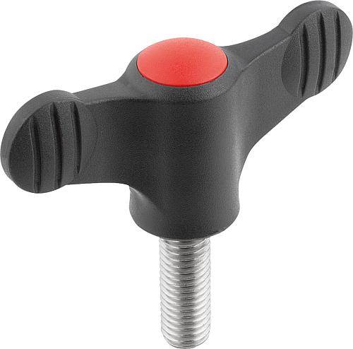 FLÜGELGRIFF D=M06X30 A=38, H=18, FORM:L MIT AUßENGEWINDE, THERMOPLAST SCHWARZGRAU RAL7021, KOMP:EDELSTAHL