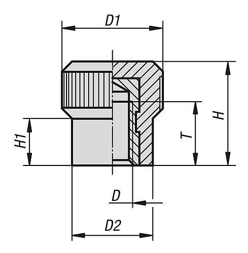 RÄNDELKNOPF, D1=15 D=M05, H=15,5, DUROPLAST SCHWARZ, KOMP:MESSING-2