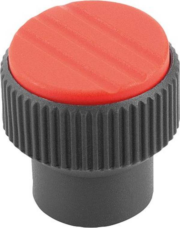 RÄNDELKNOPF GR.3 D=M10, D1=34, H=36, THERMOPLAST SCHWARZGRAU RAL7021, KOMP:EDELSTAHL, DECKEL:ROT RAL3020